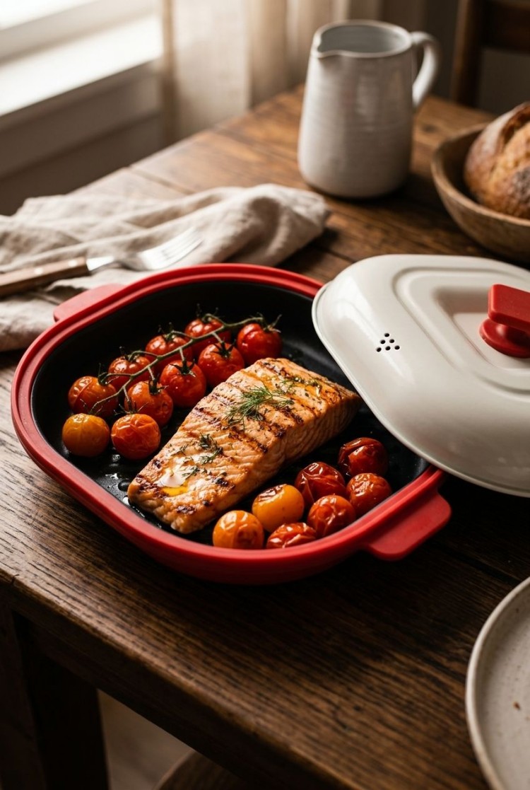 HeMaSe Microwave Grill Pan - 3-Layer Structure: Silicone Insulation, Aluminized Plate, and PTFE Non-Stick Coating